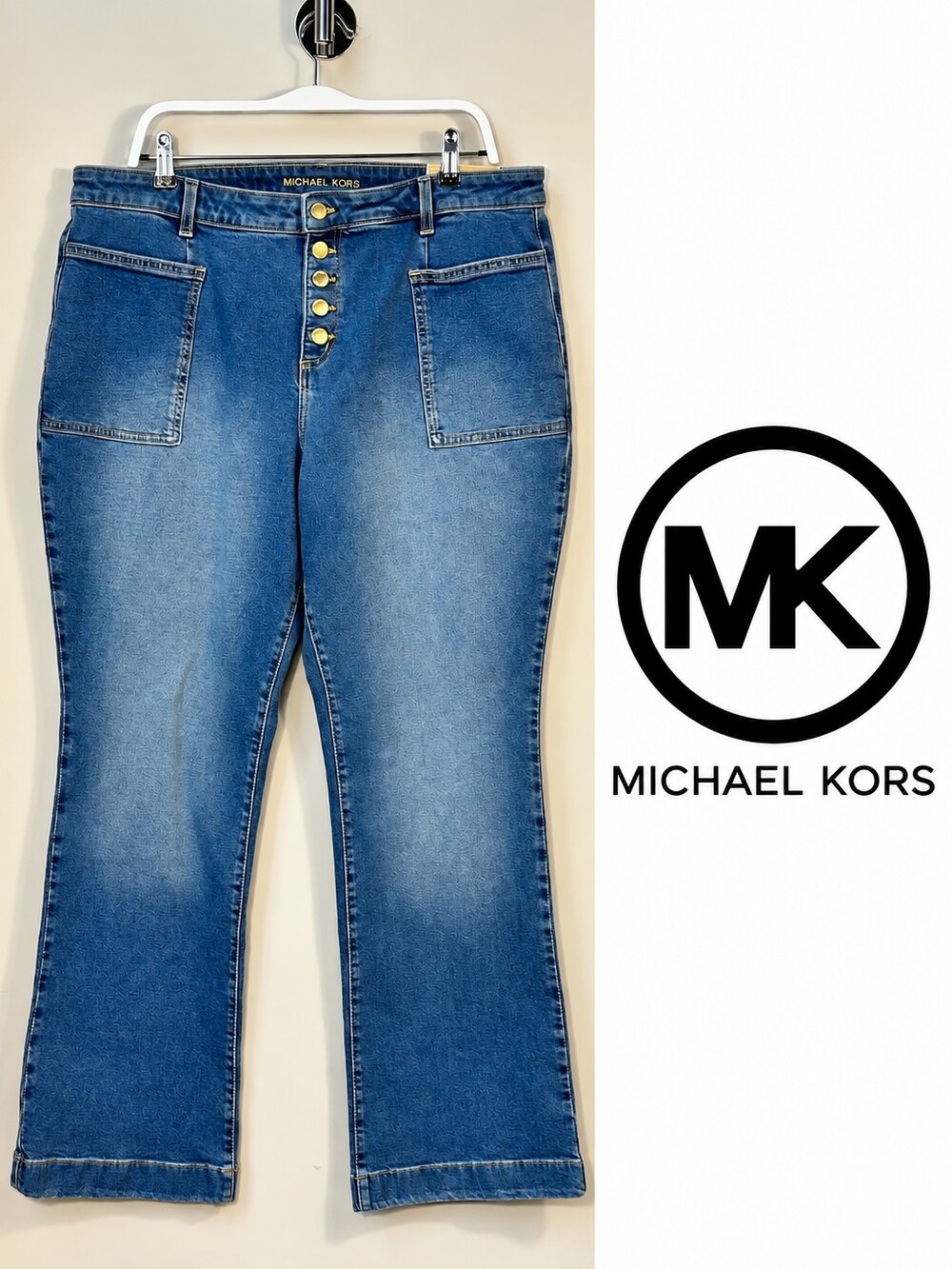 Michael Kors Selma Bootcut Jeans 18W High Rise Gold Button Fly Medium Wash